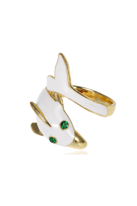 Golden Tone Ivory White Enamel Emerald Rhinestone Eyes Dolphin Ring