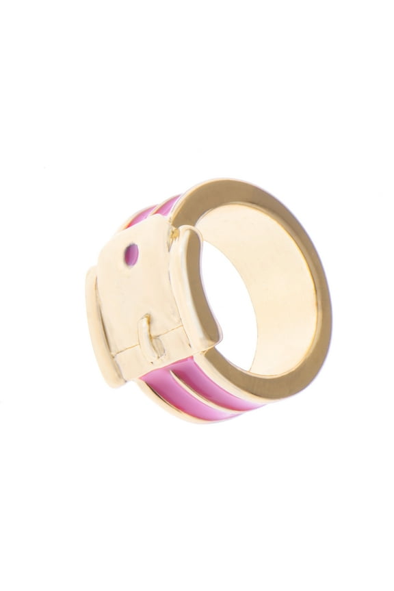 Golden Tone Pink Enamel Belt Buckle Design Fashion Band Ring