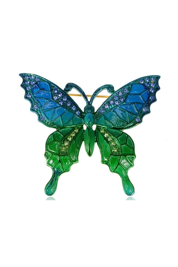 Alilang Golden Tone Shine Blue Green Crystal Rhinestones Enamel Butterfly Insect Brooch Pin