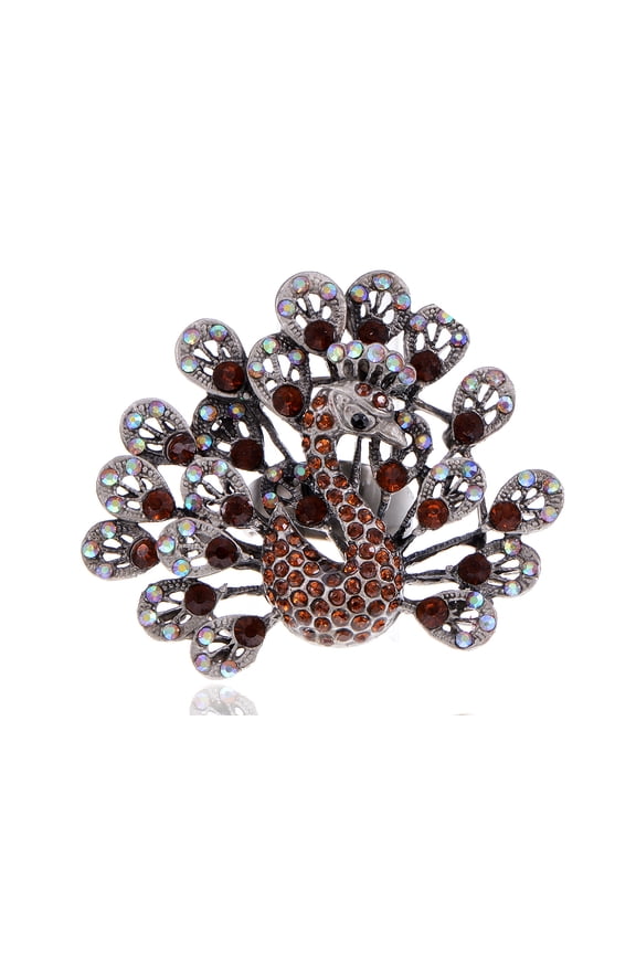 Alilang Gunmetal Tone Brown Rainbow Crystal Rhinestones Peacock Bird Large Statement Ring