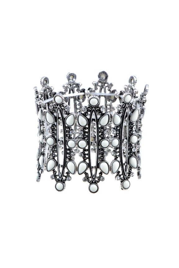 Gunmetal Tone Clear Rhinestones Opal Stone Stretchy European Style Cuff Bangle Bracelet