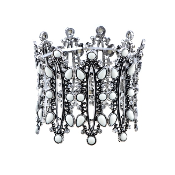 Alilang Gunmetal Tone Clear Rhinestones Opal Stone Stretchy European Style Cuff Bangle Bracelet