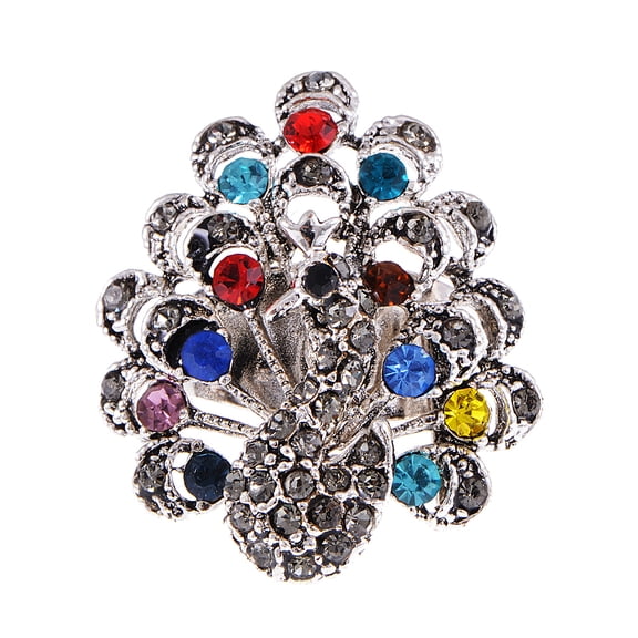 Alilang Gunmetal Tone Rainbow Colorful Rhinestones Peacock Bird Adjustable Ring