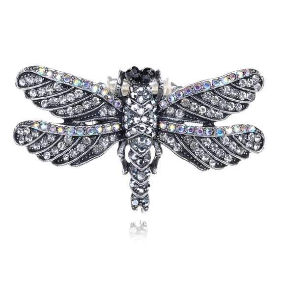 Alilang Gunmetal Tone Shine Clear Rainbow Crystal Rhinestones Dragonfly Ring