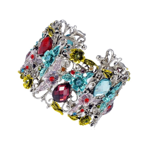Alilang Rhinestone Vintage Floral Rainbow Crystal Bracelet Cuff
