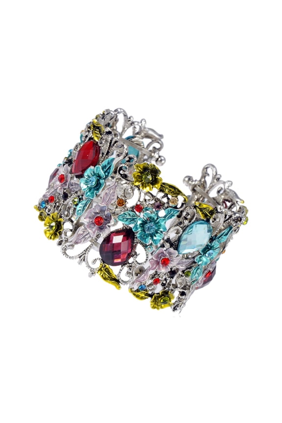 Alilang Rhinestone Vintage Floral Rainbow Crystal Bracelet Cuff