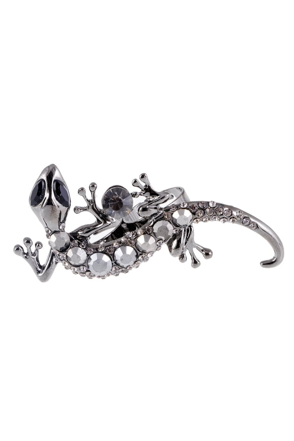 Alilang Silver Metal Jet Black Czech Crystal Gecko Lizard Reptile Adjustable Two Finger Ring