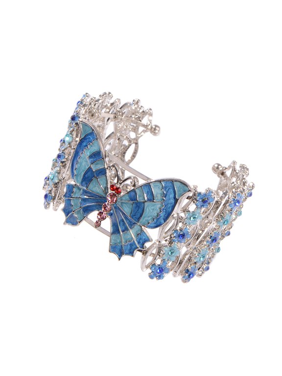 Alilang Silver Tone Blue Enamel Floral Crystal Rhinestone Flower Butterfly Cuff Bangle Bracelet