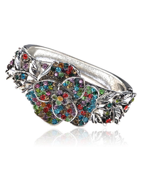 Silver Tone Rainbow Multicolor Crystal Rhinestone Floral Flower Rose Bracelet Bangle Cuff
