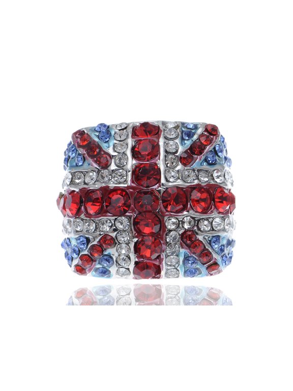 Silver Toned Rhinestone British Invasion England UK Union Jack Flag Ginger Costume Ring