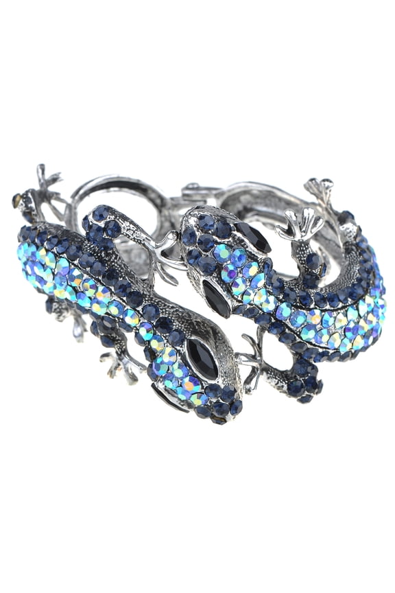 Silvery Golden Blue Topaz Multicolored Rhinestones Lizard Gecko Reptile Bangle Cuff Bracelet