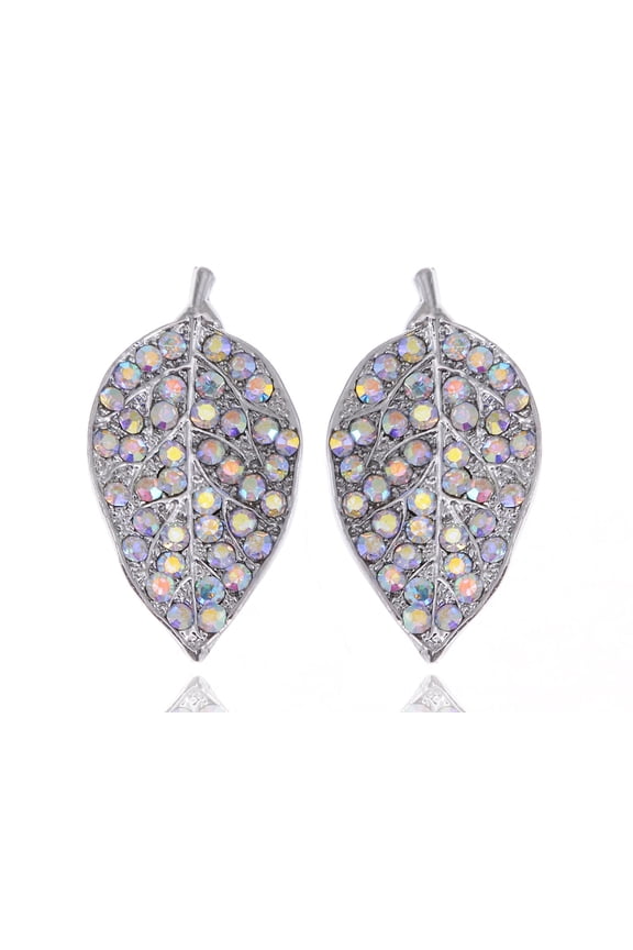 Alilang Silvery Tone Aurore Boreale Crystal Rhinestone Spring Dew Leaf Pair Stud Earrings