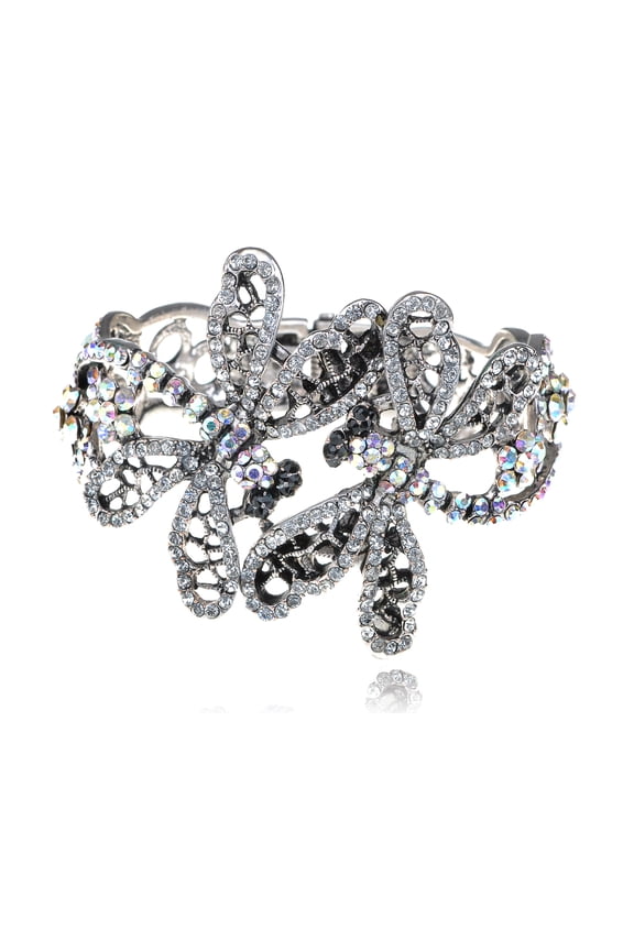 Silvery Tone Clear Crystal Rhinestones Two Dragonfly Cut Out Insect Cuff Bangle Bracelet