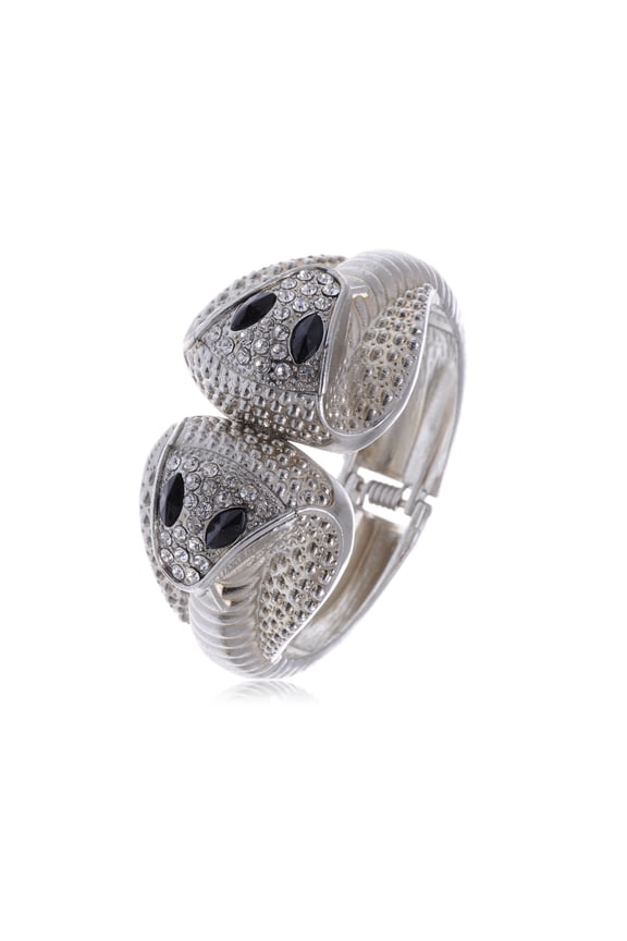 Silvery Tone Clear Rhinestone Double Cobra Head Twins Bangle Bracelet