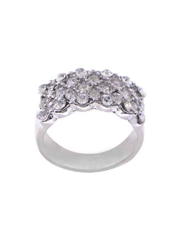 Silvery Tone Clear Rhinestones Engagement Simple Wide Ring Band, Size 7