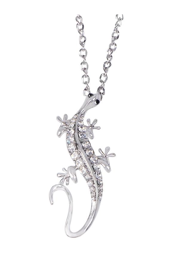 Silvery Tone Clear Rhinestones Long Tail Odd Walking Lizard Animal Pendant Necklace