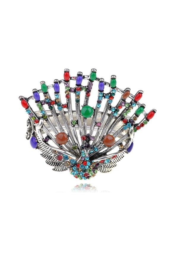 Silvery Tone Colorful Crystal Rhinestone Stone Peacock Bird Bracelet Bangle Cuff