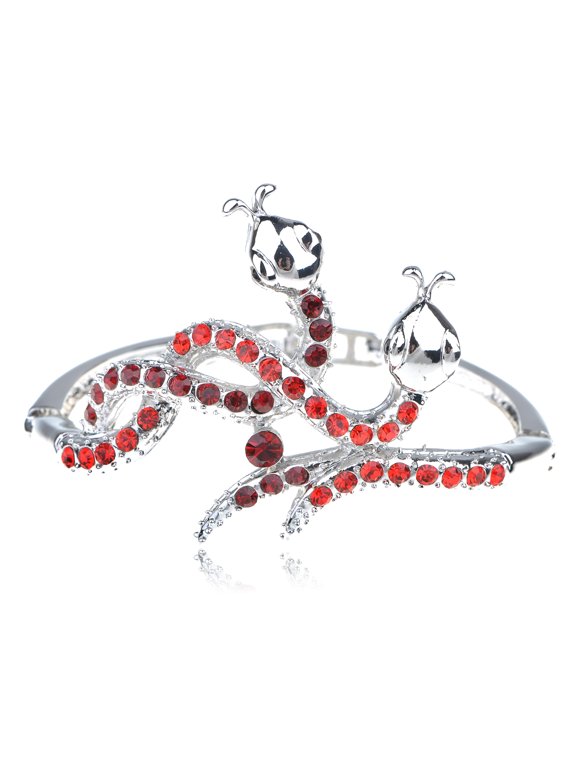 Silvery Tone Metal Alloy Red Rhinestone Twin Serpents Snake Cuff Bracelet Bangle