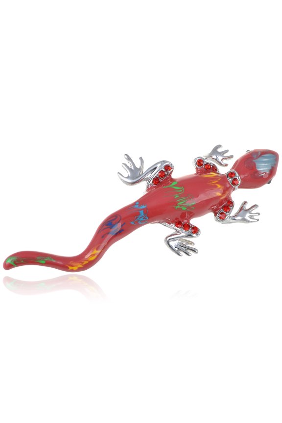 Alilang Silvery Tone Red Rhinestones Exotic Rainbow Colorful Lizard Brooch Pin