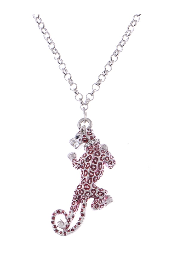Silvery Tone Rhinestones Red Spot Long Leopard Panther Animal Pendant Necklace