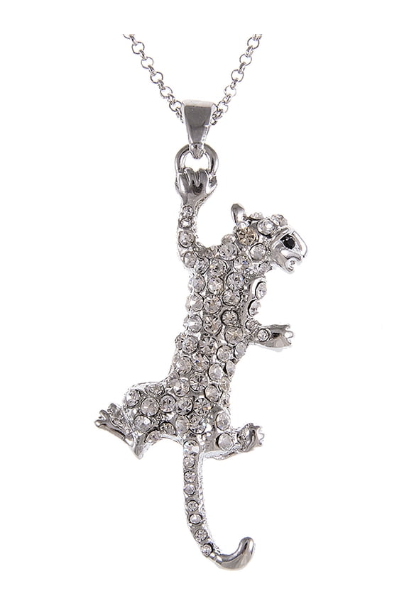 Alilang Silvery Tone Shine Clear Rhinestones Leopard Animal Pendant Necklace