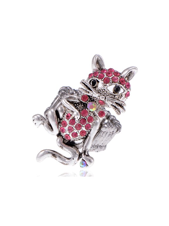 Silvery Tone Shine Pink Crystal Rhinestones Cute Cat Animal Adjustable Ring
