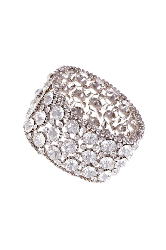 Silvery Tone Shiny Clear Crystal Rhinestones Flower Stretch Bridal Cuff Bangle Bracelet