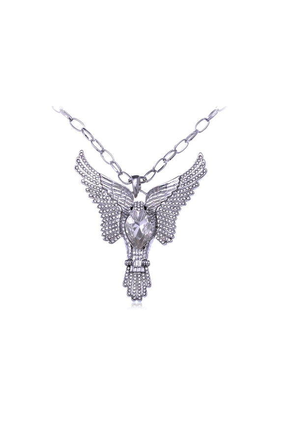 Alilang Soaring Eagle Crystal Rhinestone Winged Silvery Tone Chain Necklace