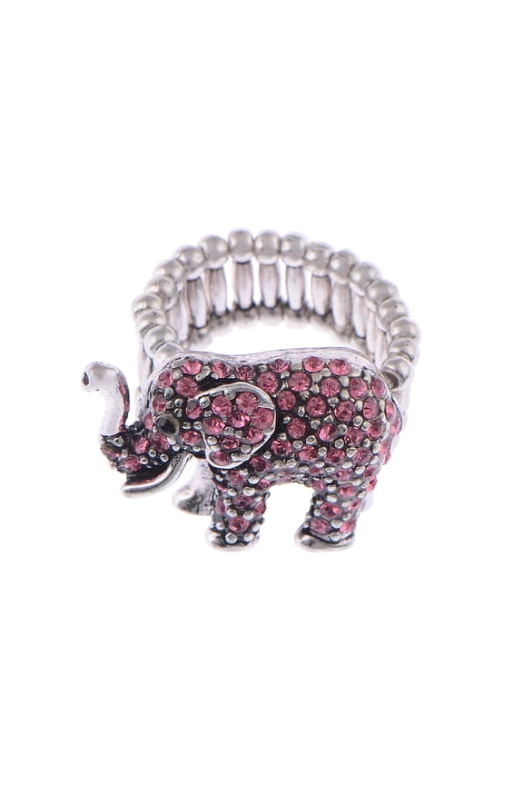 Tiny Cute Pink Rose Rhinestone Crystal African Safari Playful Elephant Adj Ring