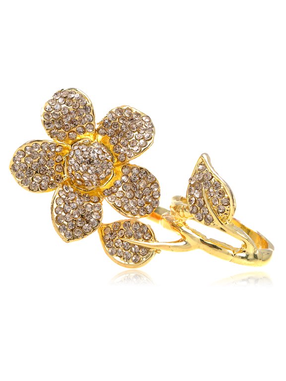 Two Fingers Daisy Golden Tone Topaz Smokey Light Crystal Rhinestone Flower Ring