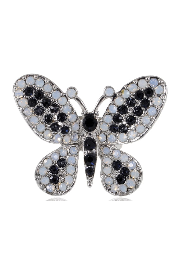 Alilang White Black Synthetic Opal Crystal Rhinestone Butterfly Adjustable Ring