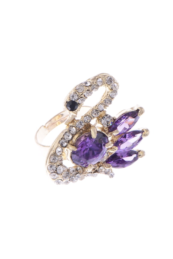 Women Gold Purple Crystal Rhinestone Swan Bird Statement Rings
