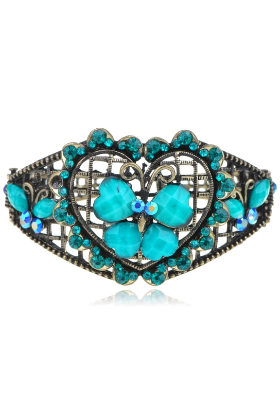 Women's Antique Teal Zircon Crystal Rhinestone Heart Jeweled Butterfly Bangle Bracelet