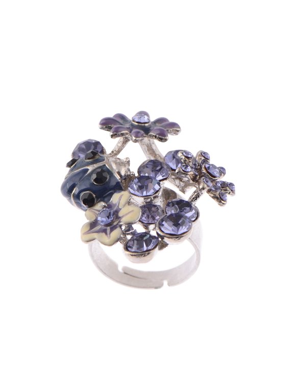 Womens Adjustable Silvery Tone Purple Rhinestones Spring Floral Flowers Ladybug Ring