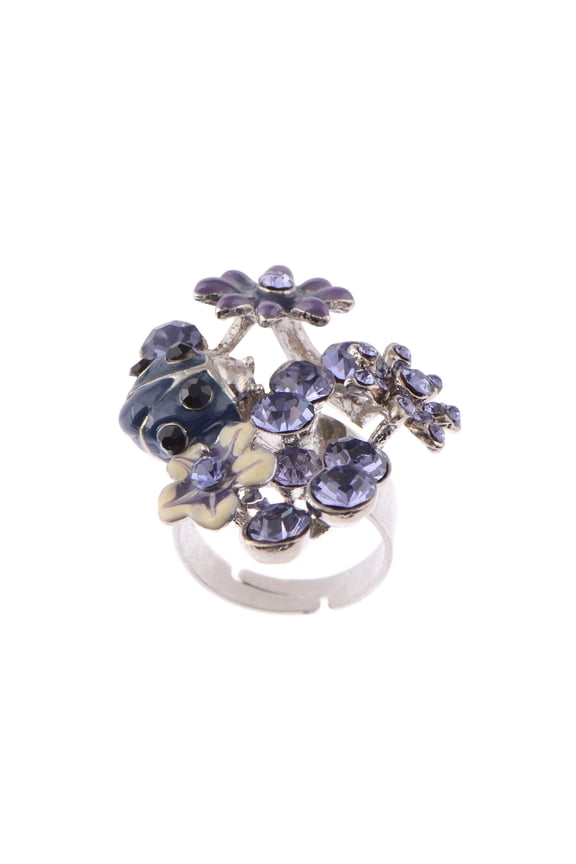 Womens Adjustable Silvery Tone Purple Rhinestones Spring Floral Flowers Ladybug Ring