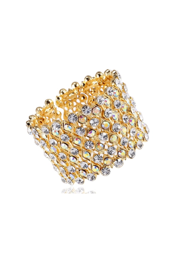 Womens Golden Bridal Prom Vintage Crystal Rhinestone Stretch Wide Open Cuff Bangle Bracelet