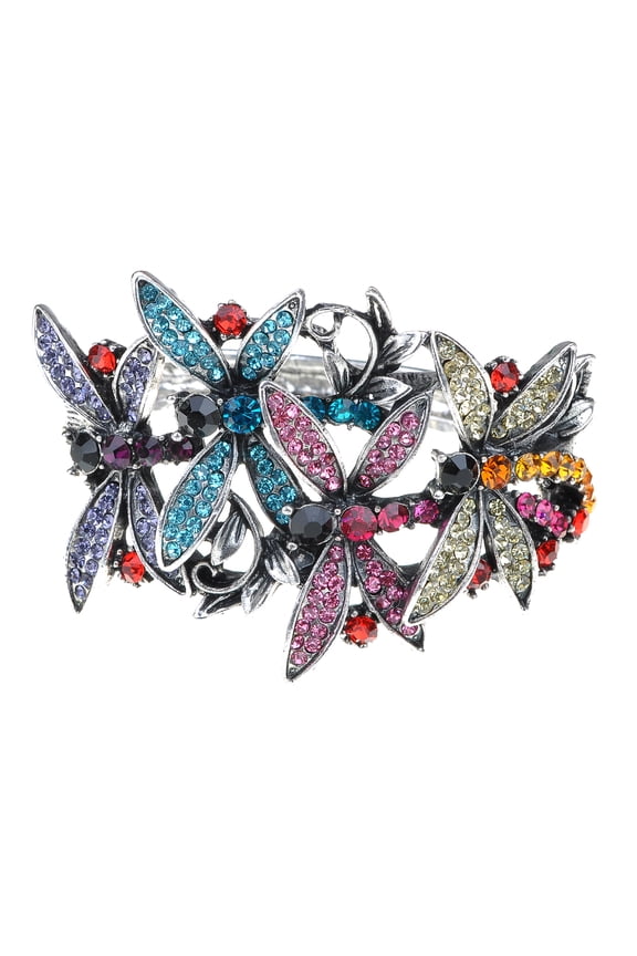 Womens Silvery Tone Shine Colorful Crystal Rhinestone Flying Dragonfly Firefly Insect Cuff Bangle Bracelet
