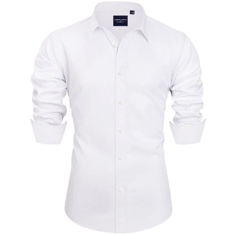 Alimens Gentle Long Sleeve Formal Dress Shirts for Men Stretch Cotton Business Shirt Men s Size 2XL White