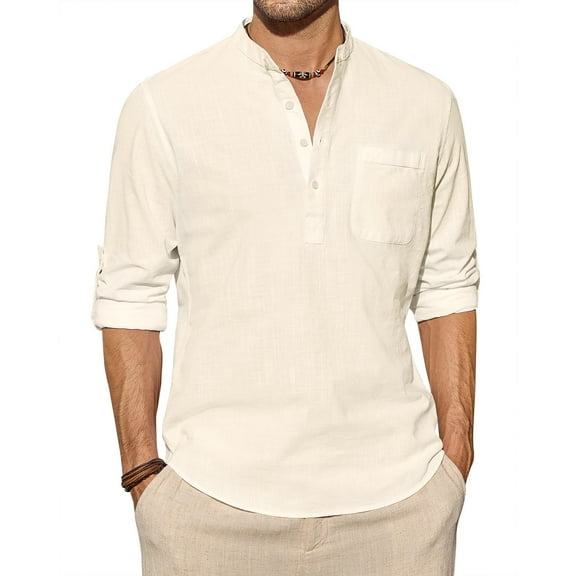 sogami Long Sleeve Linen Henley Shirts for Men Casual Hawiian Shirt with Pocket