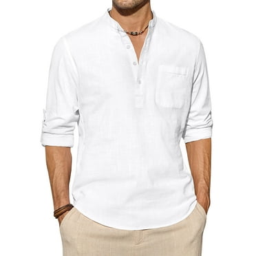 Alimens & Gentle Long Sleeve Linen Henley Shirts for Men Casual Hawiian Shirt with Pocket