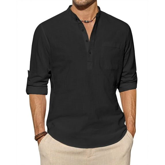 sogami Long Sleeve Linen Henley Shirts for Men Casual Hawiian Shirt with Pocket