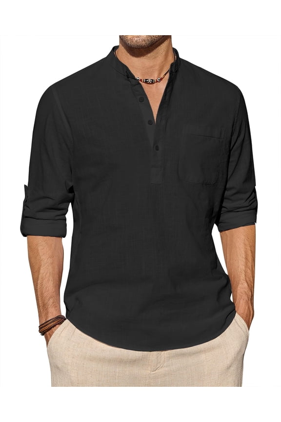 Long Sleeve Linen Henley Shirts for Men Casual Hawiian Shirt with Pocket