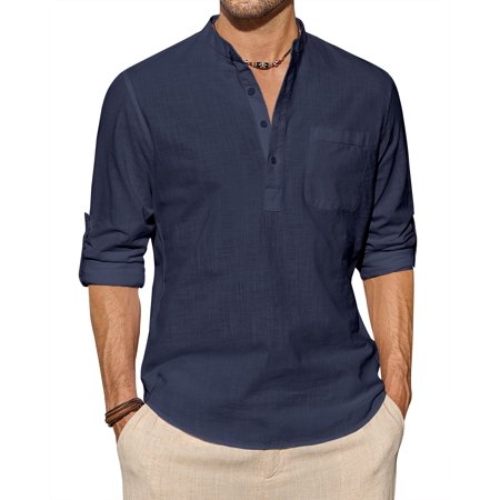 sogami Long Sleeve Linen Henley Shirts for Men Casual Hawiian Shirt with Pocket