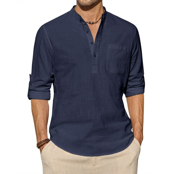 sogami Long Sleeve Linen Henley Shirts for Men Casual Hawiian Shirt with Pocket