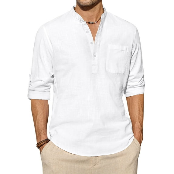 sogami Long Sleeve Linen Henley Shirts for Men Casual Hawiian Shirt with Pocket