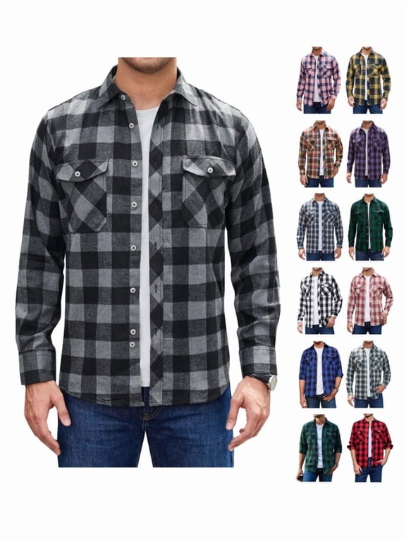 Long Sleeve Plaid Buffalo Shirt for Men Button Down Male Regular Fit