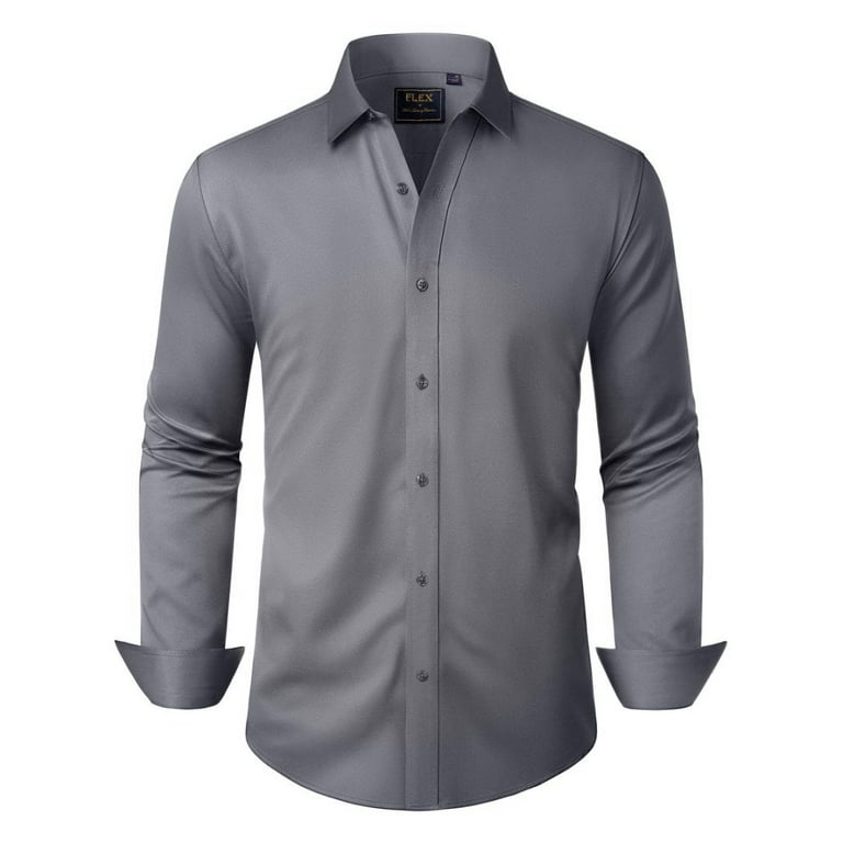 Mens Shirt Plain Grey Long Sleeve Shirt Silver Easy Care Long