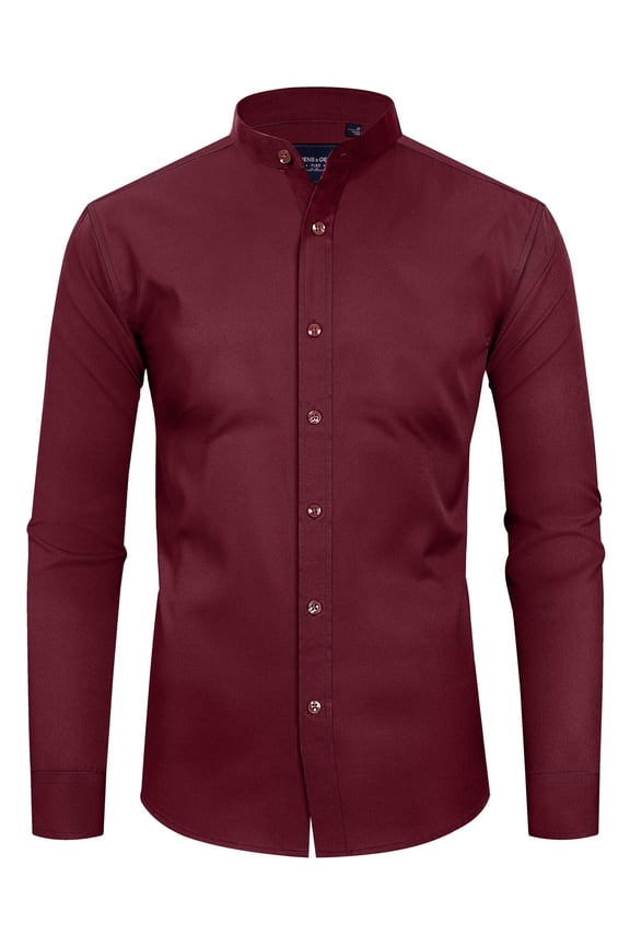 Mandarin Collar Long Sleeve Button Down Shirts for Men Banded Collar Shirt
