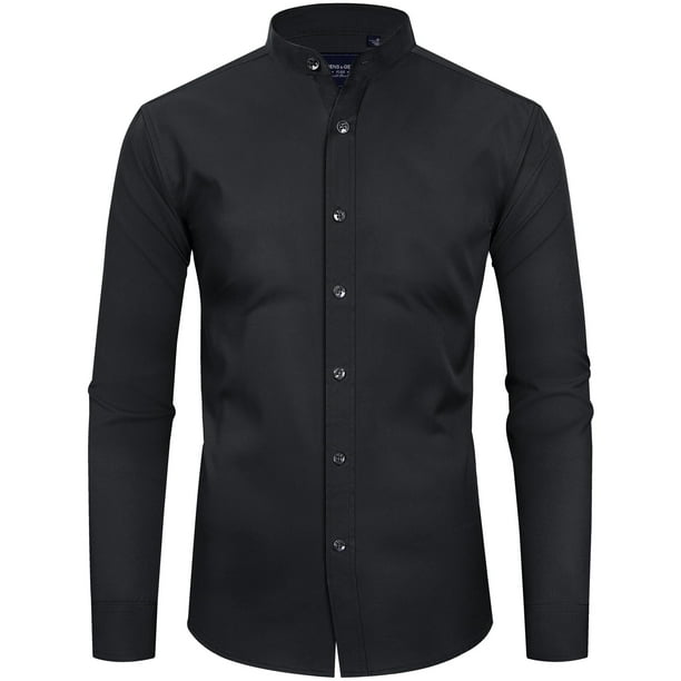 Alimens & Gentle Men's Banded Collar Dress Shirts Long Sleeve Stretch ...