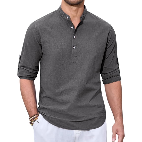 sogami Men's Cotton Linen Henley Shirts Long Sleeve Casual Button Down Shirt Roll-up
